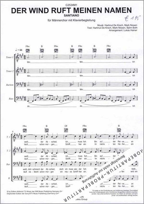 Der Wind ruft meinen Namen  für Männerchor und Klavier  Chorpartitur