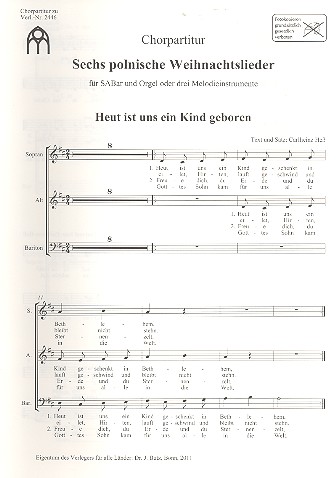 6 polnische Weihnachtslieder&nbsp;&nbsp;für gem Chor und Orgel&nbsp;&nbsp;Chorpartitur