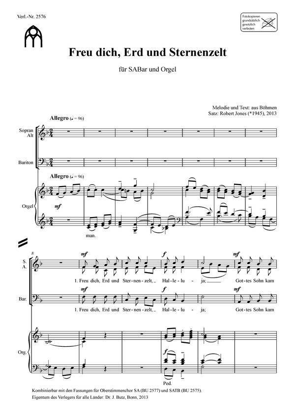 Freu dich Erd und Sternenzelt&nbsp;&nbsp;für gem Chor (SAM) und Orgel&nbsp;&nbsp;Partitur