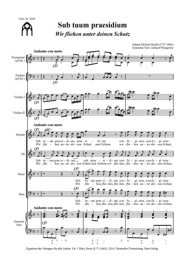 Sub tuum praesidium MH654  für gem Chor, 2 Violinen und Bc (Trompeten und Pauken ad lib)  Partitur (la/dt)