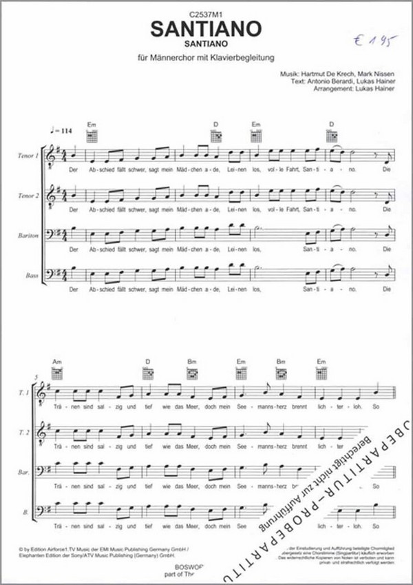 Santiano  für Männerchor und Klavier  Chorpartitur