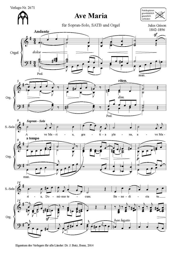 BUTZ2671 Ave Maria&nbsp;&nbsp;für Sopran, gem Chor und Orgel&nbsp;&nbsp;Partitur