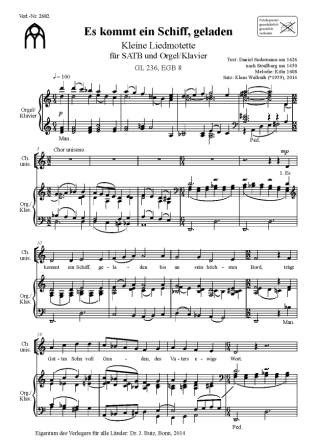 Es kommt ein Schiff, geladen&nbsp;&nbsp;für gem Chor und Orgel/Klavier&nbsp;&nbsp;Partitur