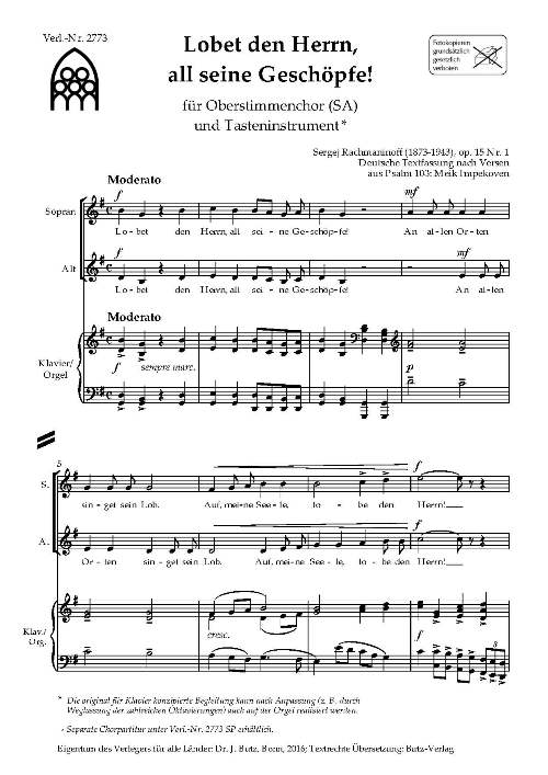 Lobet den Herrn all seine Geschöpfe op.15,1  für Frauenchor und Klavier (Orgel)  Partitur