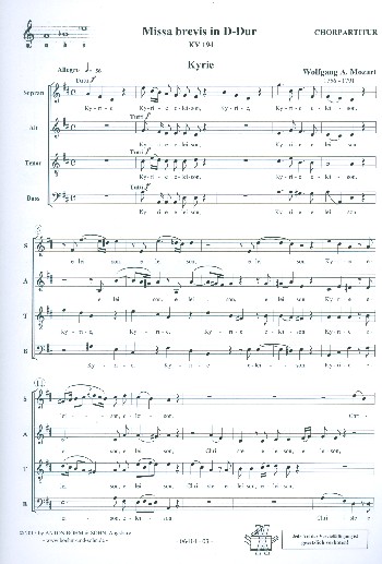 Missa brevis D-Dur KV194 &nbsp;&nbsp;für gem Chor, 2 Violinen, Kontrabass und Orgel (Viola ad lib)&nbsp;&nbsp;Chorpartitur