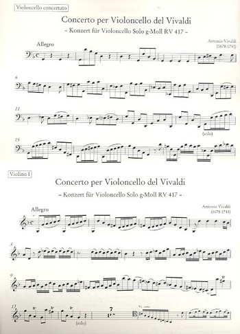 Konzert g-Moll Nr.20 RV417&nbsp;&nbsp;für Violoncello solo, 2 Violinen, Viola und Bc&nbsp;&nbsp;Stimmensatz (solo-2-2-1-2)