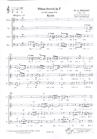 Missa brevis F-Dur KV192&nbsp;&nbsp;für Soli, gem Chor, Streicher und Orgel&nbsp;&nbsp;Chorpartitur