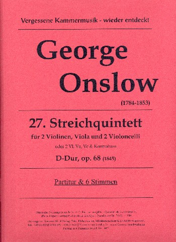 Quintett D-Dur Nr.27 op.68  für 2 Violinen, Viola und 2 Violoncelli (Violoncello und Kontrabass)  Partitur und 6 Stimmen