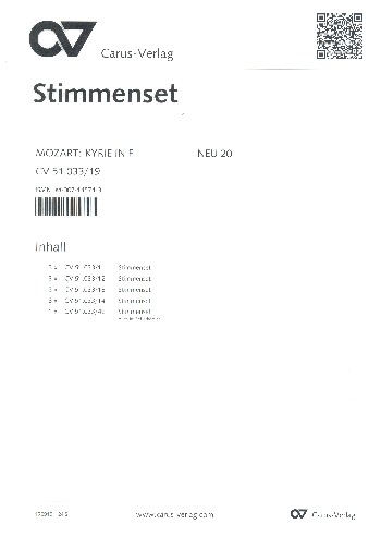 Kyrie F-Dur KV33&nbsp;&nbsp;für Chor, Streicher und Orgel&nbsp;&nbsp;Stimmensatz