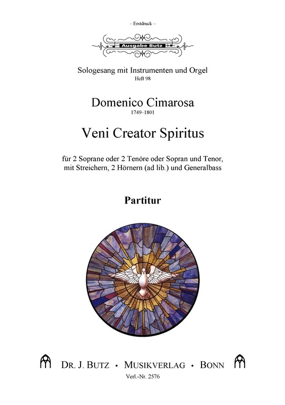 Veni creator spiritus:&nbsp;&nbsp;für 2 hohe Stimmen (SS/TT/ST), Streicher und Bc (2 Hörner ad lib)&nbsp;&nbsp;Partitur und Stimmen