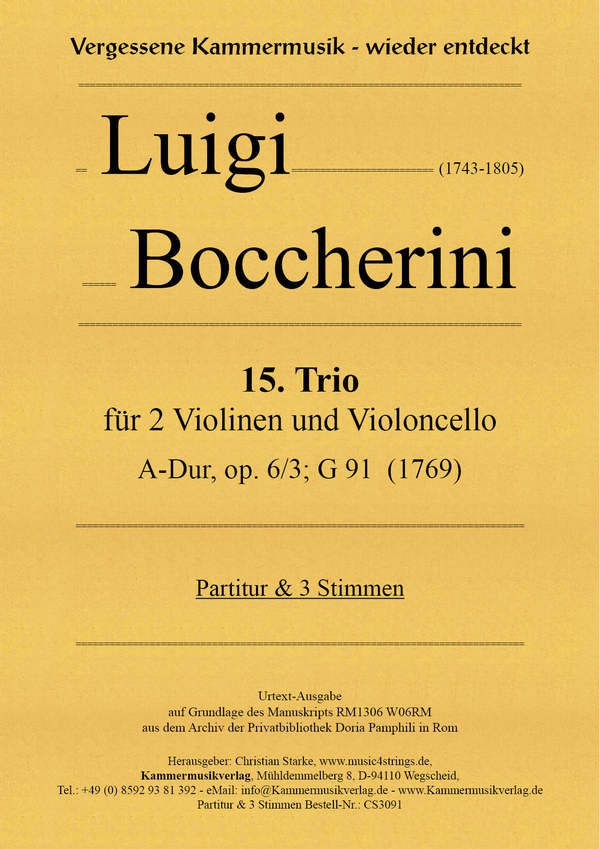 Trio A-Dur Nr.15 op.6,3 G91&nbsp;&nbsp;für 2 Violinen und Violoncello&nbsp;&nbsp;Partitur und Stimmen
