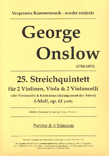Quintett f-Moll Nr.25 op.61  für 2 Violinen, Viola und 2 Violoncello (Kontrabass und Violoncello)  Partitur und 6 Stimmen