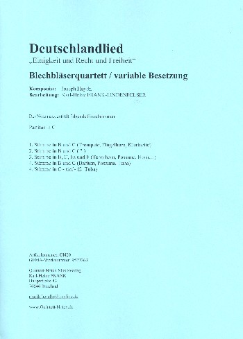 Deutschlandlied  für 4 Blechbläser (Ensemble)  Partitur und Stimmen