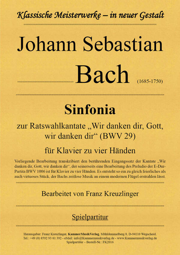 Sinfonia BWV29  für Klavier zu 4 Händen  Spielpartitur