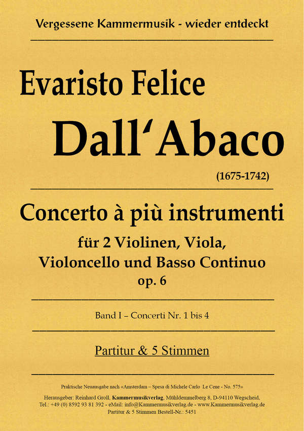 Concerti à più instrumenti op.6 Band 1 (Nr.1-4)  für 2 Violinen, Viola, Violoncello und Bc  Partitur und Stimmen