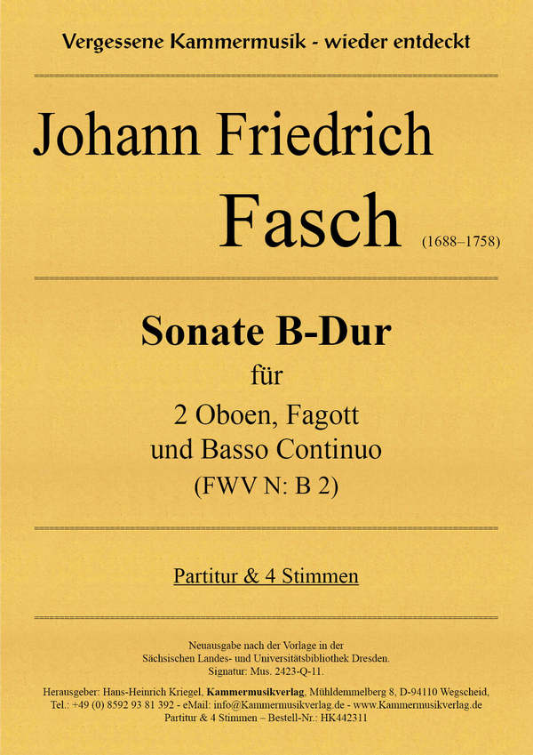 Sonate B-Dur (FWV N: B2)  für 2 Oboen, Fagott und Bc  Partitur und Stimmen