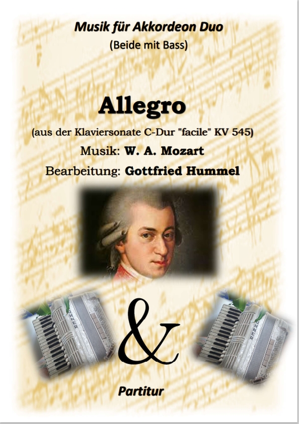 Allegro (aus der Klaviersonate C-Dur 'facile' KV545)  für 2 Akkordeone  Partitur und Stimmen
