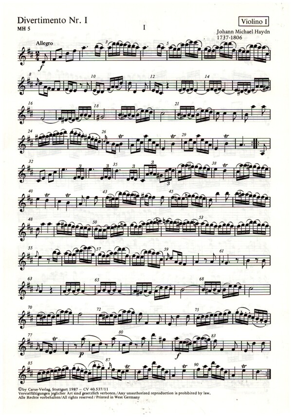 Divertimento Nr.1 MH5  für 2 Violinen und Violoncello  Violine 1
