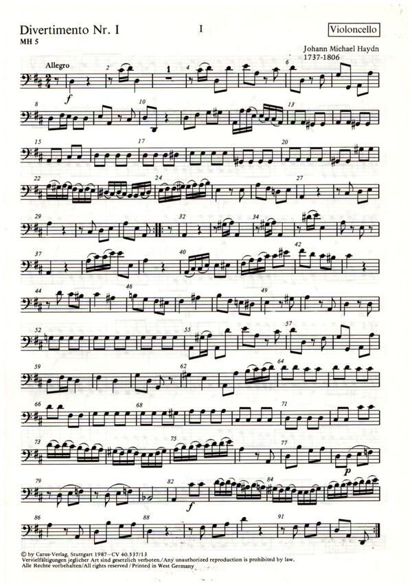 Divertimento Nr.1 MH5  für 2 Violinen und Violoncello  Violoncello