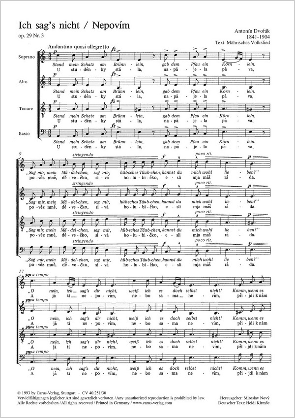 Nepovím (Ich sagÆs nicht)&nbsp;&nbsp;Coro SATB&nbsp;&nbsp;P