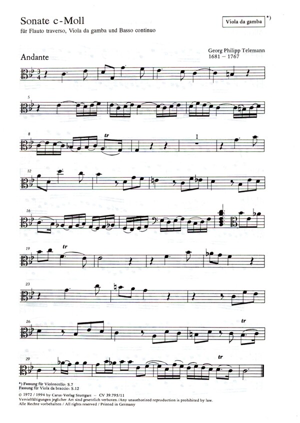 Triosonate c-Moll TWV42:C6&nbsp;&nbsp;für Flöte, Viola da gamba und Bc&nbsp;&nbsp;Viola da gamba