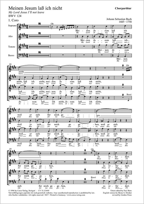 Meinen Jesum lass ich nicht&nbsp;&nbsp;Kantate Nr.124 BWV124&nbsp;&nbsp;Chorpartitur (en/dt)