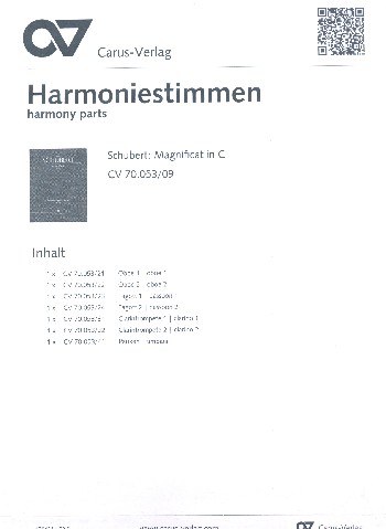 Magnificat C-Dur D486&nbsp;&nbsp;für Soli, gem Chor und Orchester&nbsp;&nbsp;Harmoniestimmen