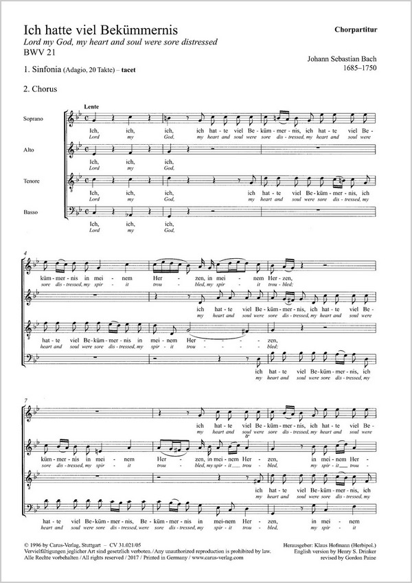 Ich hatte viel Bekümmernis (1. Fassung)&nbsp;&nbsp;Kantate Nr.21 BWV21&nbsp;&nbsp;Chorpartitur