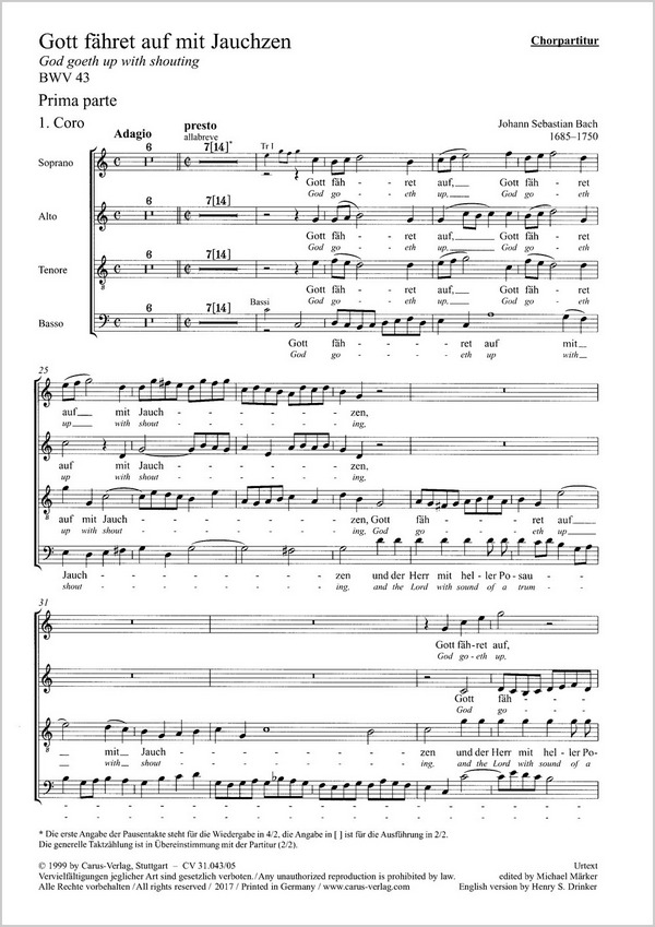 Gott fähret auf mit Jauchzen&nbsp;&nbsp;Soli SATB, Coro SATB, 2 Ob, 3 Tr, Timp, Str, Org&nbsp;&nbsp;CH CP