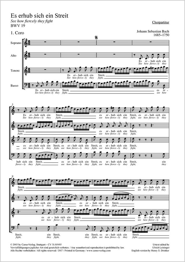 Es erhub sich ein Streit Kantate Nr.19&nbsp;&nbsp;BWV19&nbsp;&nbsp;Chorpartitur