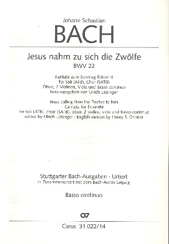 Jesus nahm zu sich die Zwölfe&nbsp;&nbsp;Kantate Nr.22 BWV22&nbsp;&nbsp;Violoncello/Kontrabass/Fagott/Bc