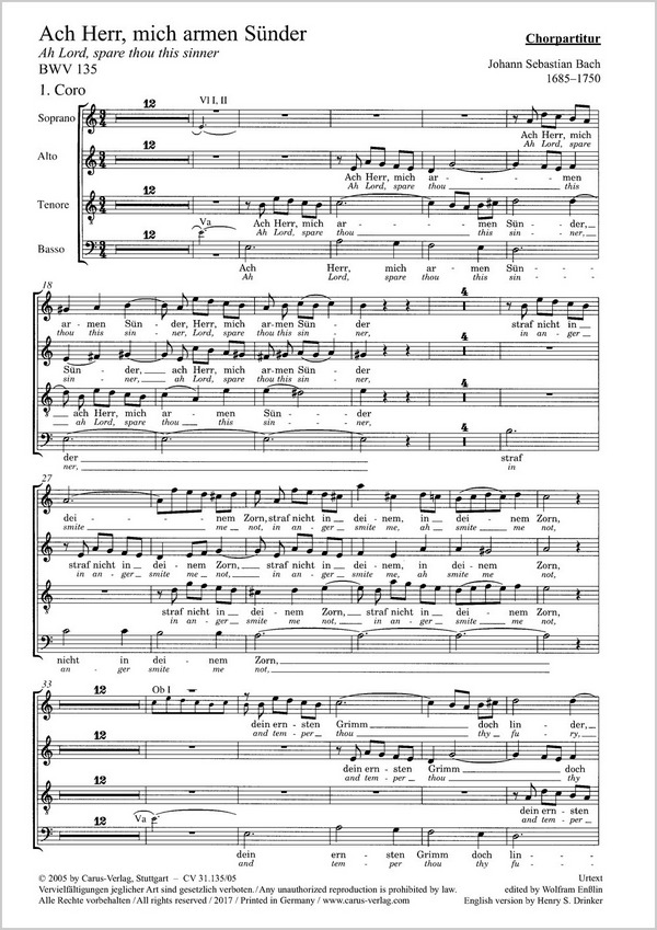 Ach Herr, mich armen Sünder&nbsp;&nbsp;Soli SATB, Coro SATB, 2 Ob, 2 Vl, Va, Zk, Trb, Bc&nbsp;&nbsp;CH CP