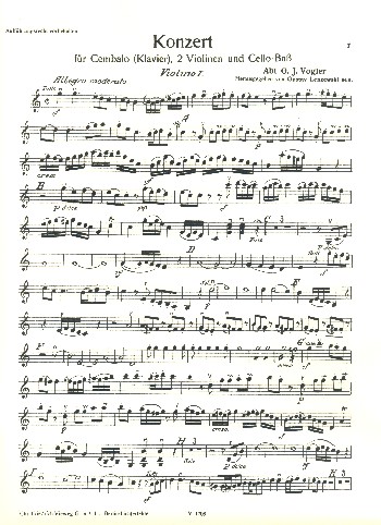 Konzert  für Cembalo (Klavier), 2 Violinen und Violoncello (Kontrabass)  Streicher-Stimmenset (3-3-3)