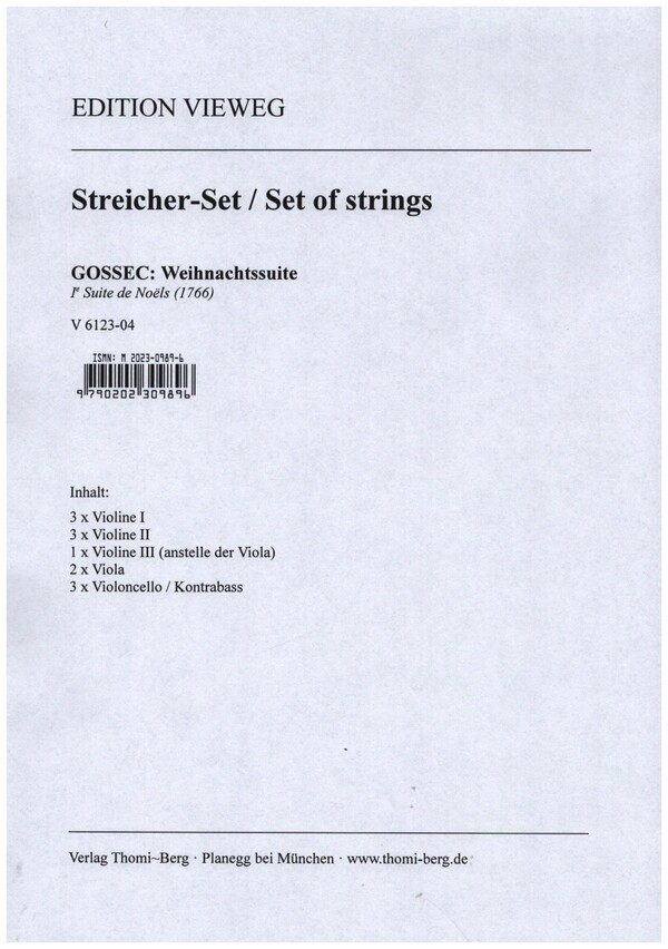 Weihnachtssuite  für gem Chor, 2 Oboen (2 Flöten), Streicher und Bc (2 Hörner ad lib)  Streicher-Set (3-3-1--2-3)