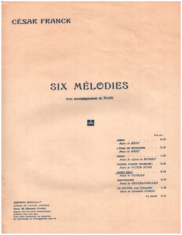 6 Mélodies  - Robin Gray  pour chant et piano  