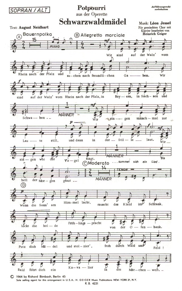 Schwarzwaldmädel-Potpourri  für gem Chor  Sopran / Alt