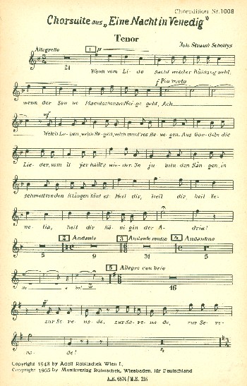 Chorsuite aus Eine Nacht in Venedig&nbsp;&nbsp;für gem Chor und Orchester&nbsp;&nbsp;Tenor