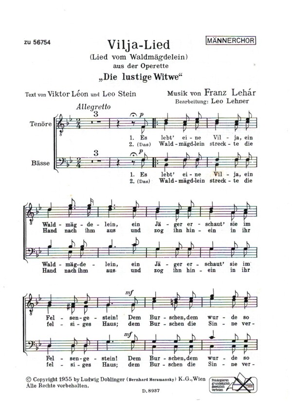 Vilja-Lied (Es lebt' eine Vilja, ein Waldmägdelein)&nbsp;&nbsp;für Männerchor a cappella&nbsp;&nbsp;Chorpartitur