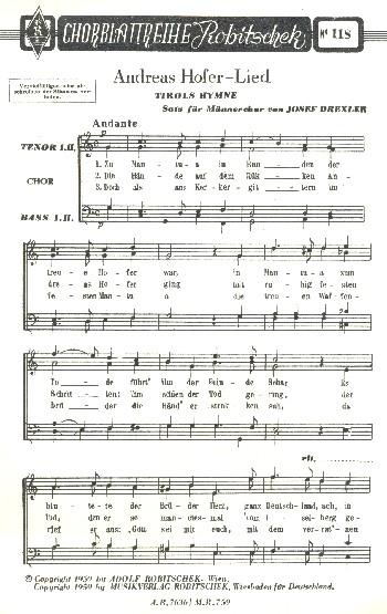 Andreas Hofer-Lied&nbsp;&nbsp;für Männerchor a cappella&nbsp;&nbsp;Partitur