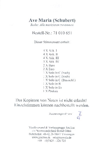 Ave Maria op.52,6  für Akkordeonorchester  Stimmensatz