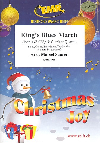 King's Blues March&nbsp;&nbsp;for mixed chorus and 4 clarinets (rhythm group ad lib)&nbsp;&nbsp;score and parts (incl. 20 chorus scores)