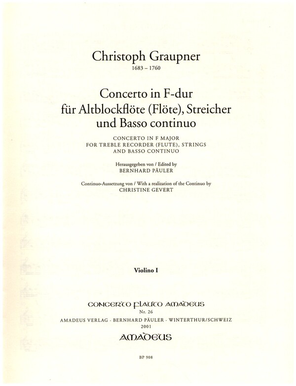 Concerto F-Dur für Alt-Blockflöte, Streicher und Bc  Stimmensatz 3-3-2-3  