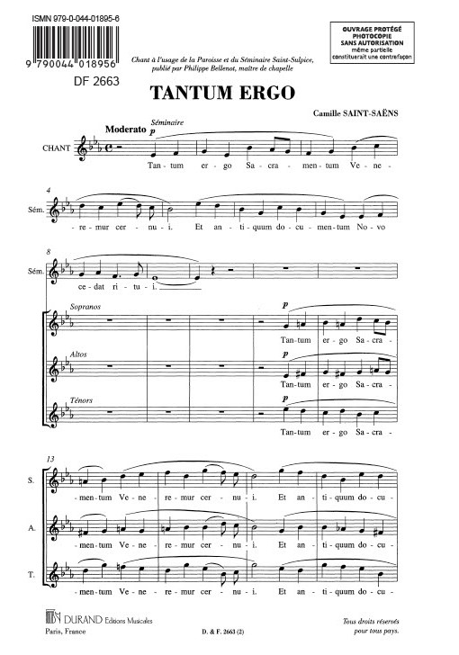 C. Saint-Saens Tantum Ergo Pour Sopranos Altos Tenors Et Piano&nbsp;&nbsp;Choir and Piano&nbsp;&nbsp;