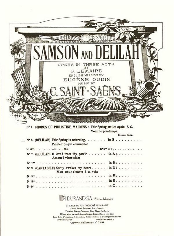 C. Saint Saens Samson Et Dalila N6 Angl-Frmezzo En Mi&nbsp;&nbsp;Canto (O Voce Recit) E Pianoforte&nbsp;&nbsp;