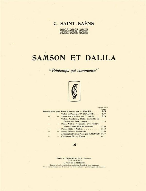 C. Saint-Saens Samson Et Dalila N 6 Printemps Qui Commence&nbsp;&nbsp;Violin and Piano&nbsp;&nbsp;