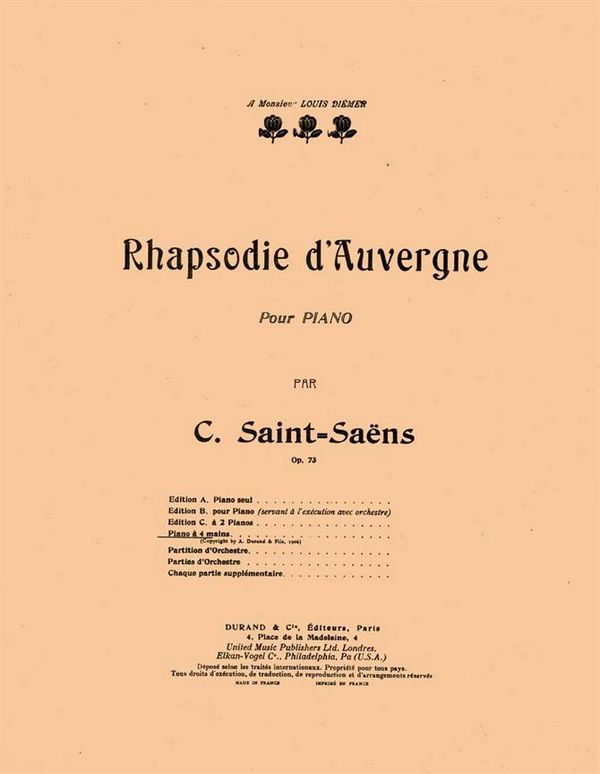 C. Saint-Saens Rhapsodie D'Auvergne Op 73 4Ms&nbsp;&nbsp;Piano 4 hands&nbsp;&nbsp;