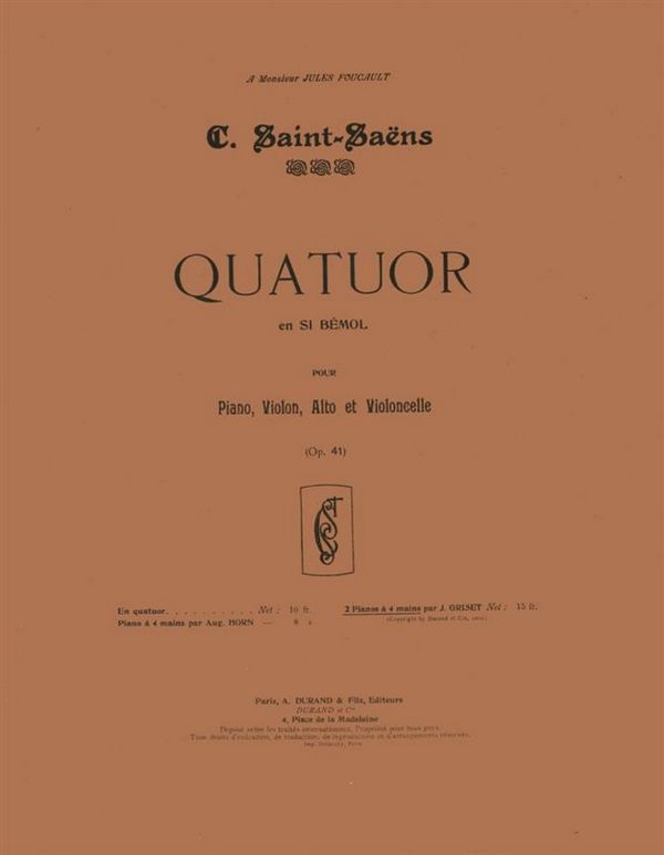 Quatuor op.41 pour piano, violon, alto et violoncelle&nbsp;&nbsp;pour pianos à 4 mains&nbsp;&nbsp;partition