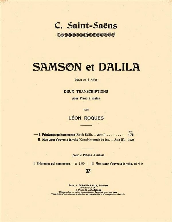 C. Saint-Saens Samson Et Dalila N 6 Piano (Tr. Roques)&nbsp;&nbsp;Piano&nbsp;&nbsp;