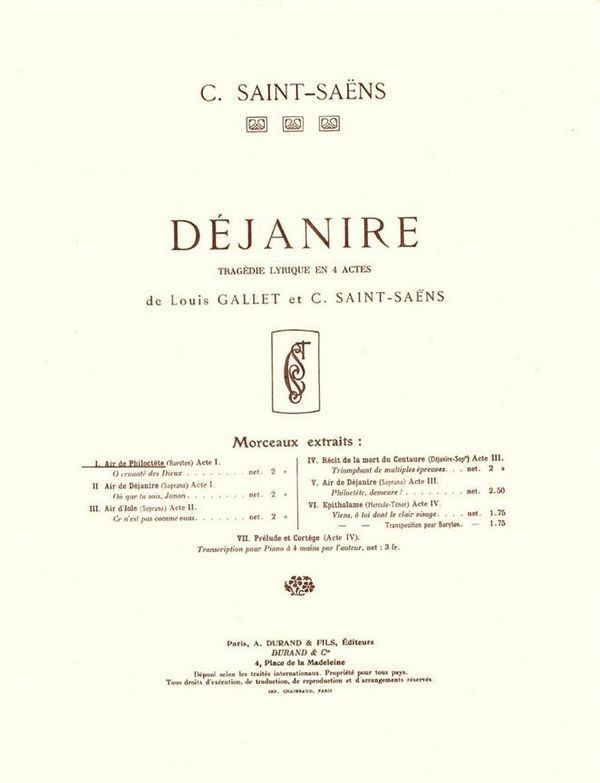 C. Saint-Saens Dejanire N 1 Air De Philoctete Cht-Piano&nbsp;&nbsp;Vocal and Piano&nbsp;&nbsp;