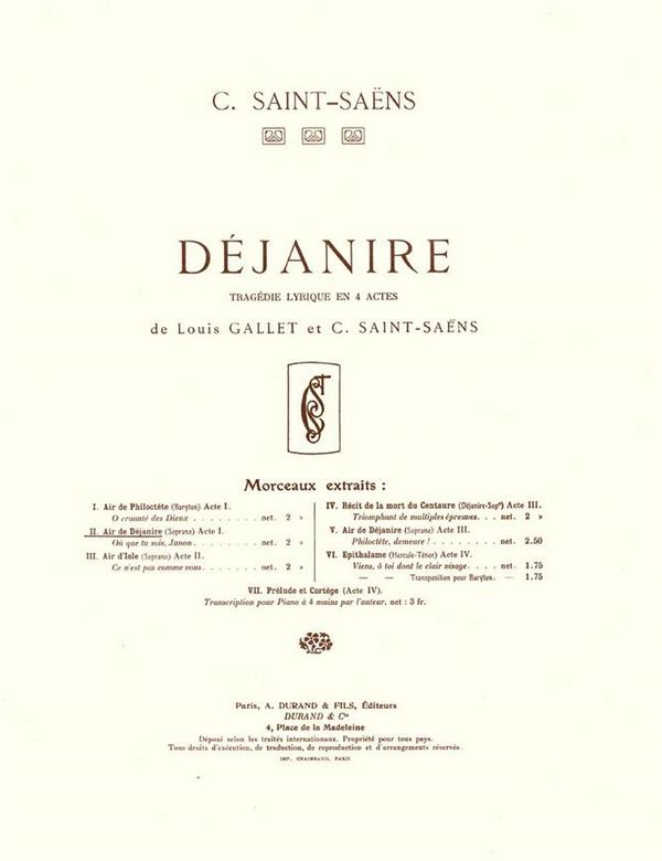 C. Saint-Saens Dejanire N 2 Air De Dejanire Chant-Piano (O&nbsp;&nbsp;Vocal and Piano&nbsp;&nbsp;